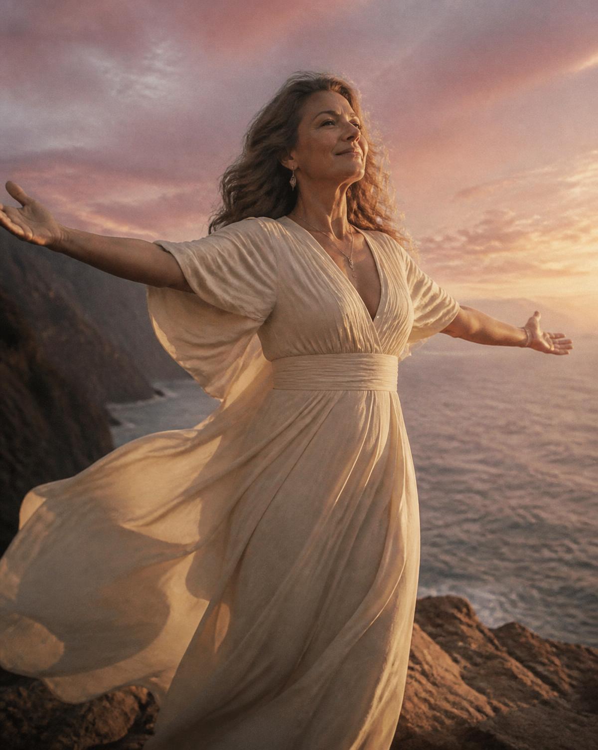 A woman standing on a cliff at sunrise with arms open